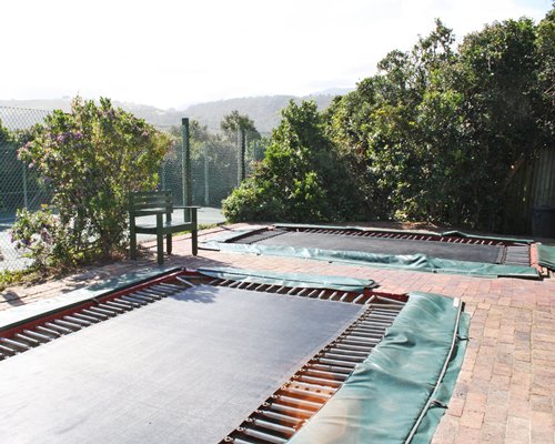 Outdoor recreation area with trampolines surrounded by wooded area.