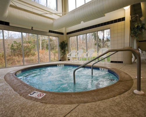INDOOR HOT TUB WITH OUTSIDE VIEW.