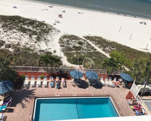 An aerial view of an outdoor swimming pool with chaise lounge chairs and sunshades alongside the ocean.