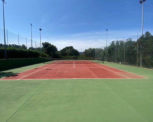 Outdoor tennis court surrounded by wooded area.