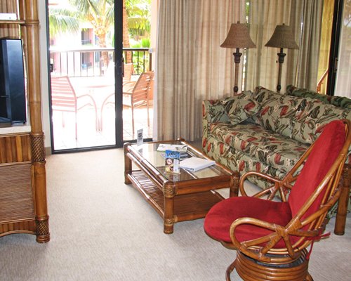 A well furnished living room with pull out sofa television and a patio.