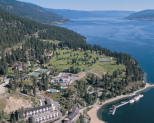 An aerial view of the Lake Okanagan Resort property alongside the ocean.