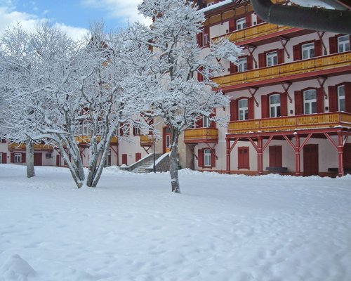 Exterior view of the Villaggio Turistico Ploner resort alongside pine trees covered in snow.