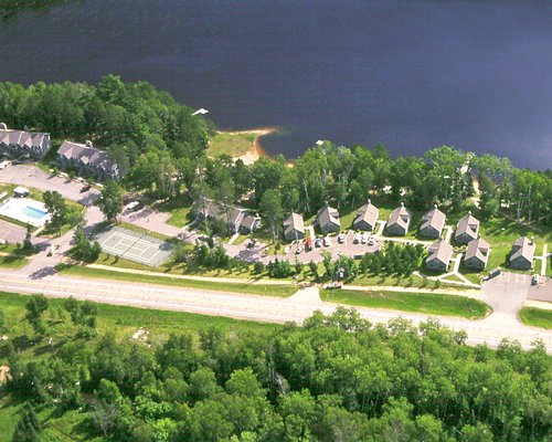 An aerial view of the resort properties alongside the lake.