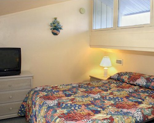 Furnished bedroom with a queen bed and outside view.