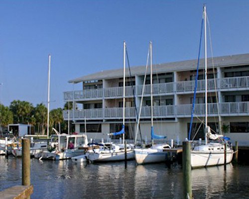 A marina alongside resort condos.