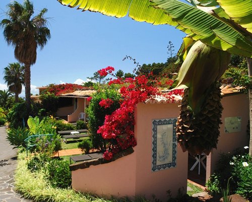 An exterior view with flowers and landscaping.