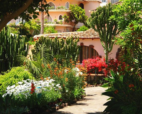 An exterior view with flowers and landscaping.