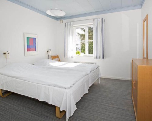 A well furnished bedroom with an outside view.