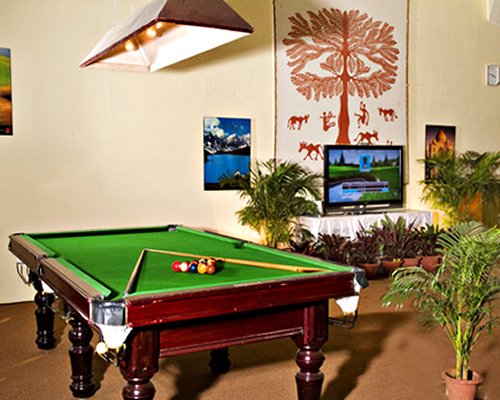 An indoor recreational area with a pool table.