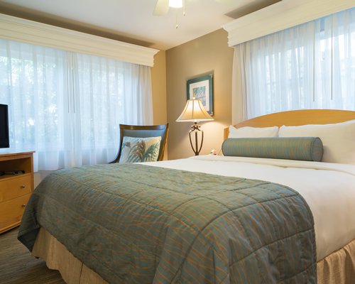 A well furnished bedroom with king bed television and outside view.