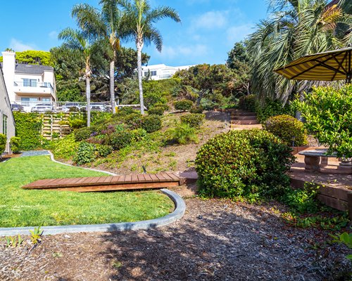 A scenic landscape alongside resort condos.