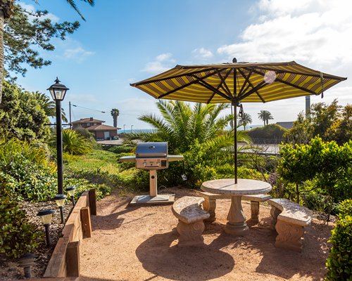 Scenic picnic area with sunshade and barbecue grill.