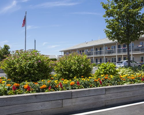 An exterior view of resort condos.