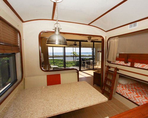 Interior view of a boathouse with bunker beds.