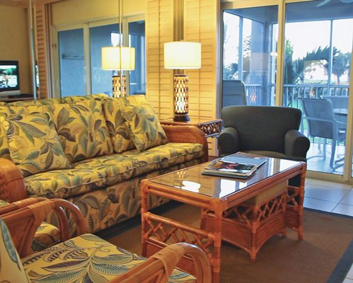 A well furnished living room with a patio.