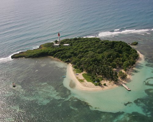 An aerial view of an island with wooded area surrounded by ocean.