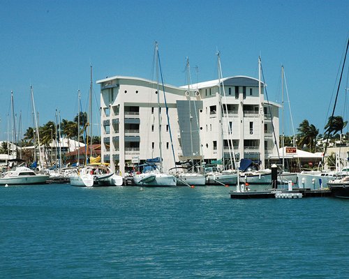 Exterior view of a boating dock alongside the resort.