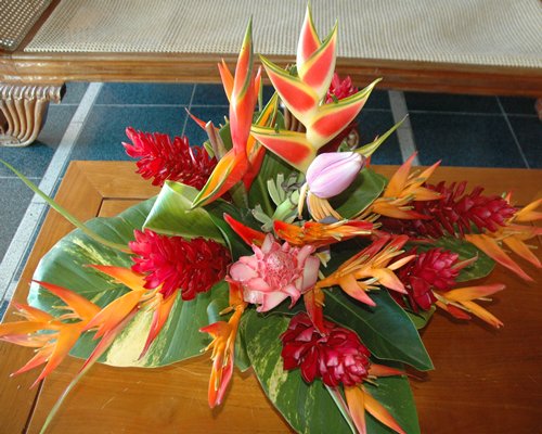 Decorated flowers on a table.