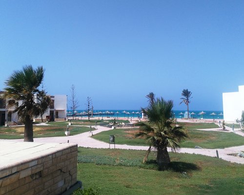 A view of resort grounds with beach front umbrellas on Red Sea.