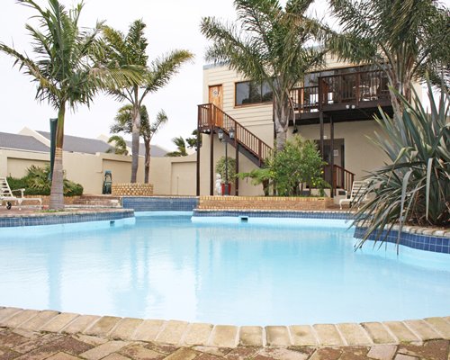 An outdoor swimming pool with chaise long chairs and palm trees.