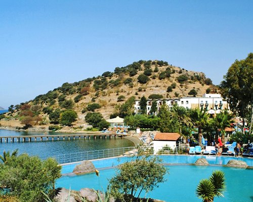 Outdoor swimming pool with chaise lounge chairs alongside the sea.