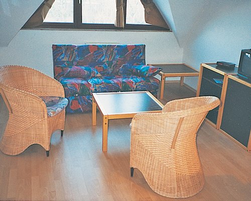 A well furnished living room with outside view.