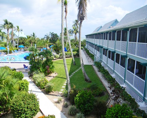 An exterior view of multi story resort condos.