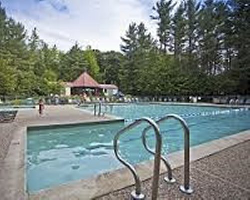Outdoor swimming pool with chaise lounge chairs surrounded by wooded area.