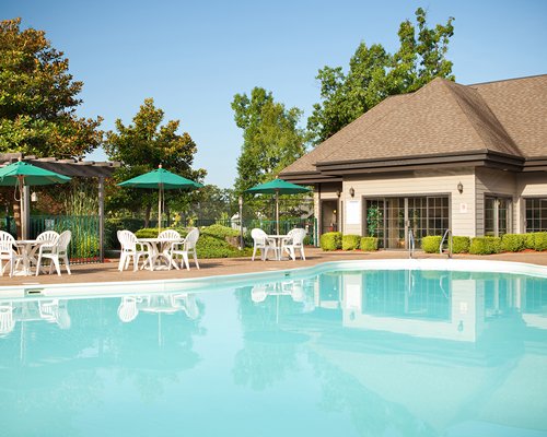 An exterior view of the resort alongside the swimming pool.