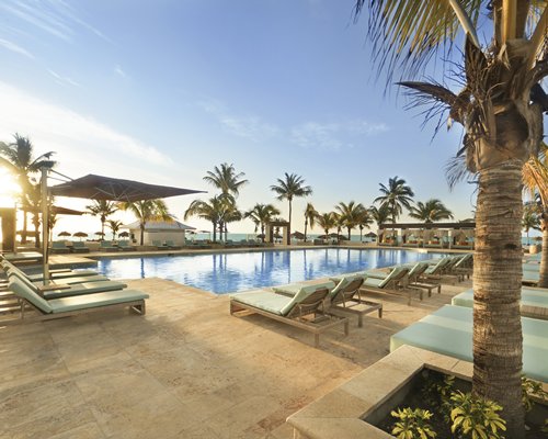 An outdoor swimming pool with chaise lounge chairs and palm trees.