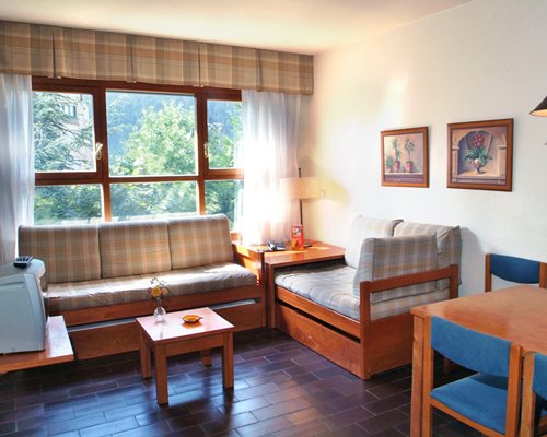 A well furnished living room with pull out sofa television and an outside view.
