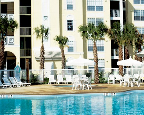 An outdoor swimming pool with palm trees alongside the resort.