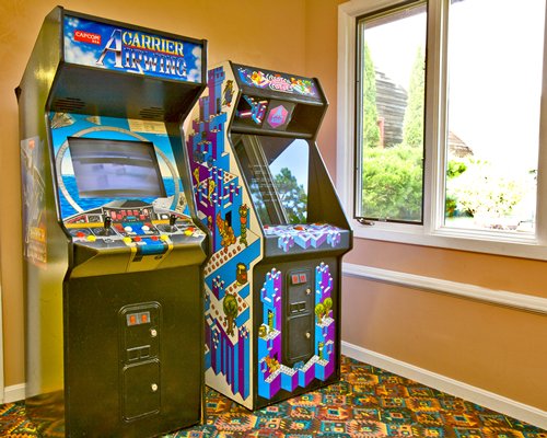 An indoor recreational area with arcade games.