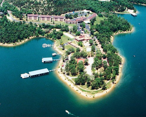 Arial view of the Branson Yacht Club at Rock Lane resort alongside the waterfront.