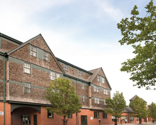 AN EXTERIOR VIEW OF MULTIPLE RESORT UNITS WITH TREES.