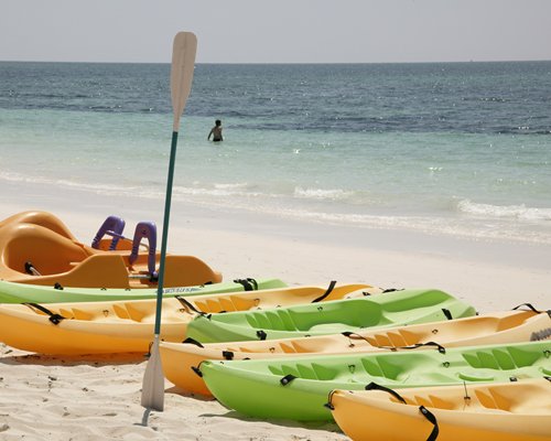 A view of the kayak boats alongside the ocean.