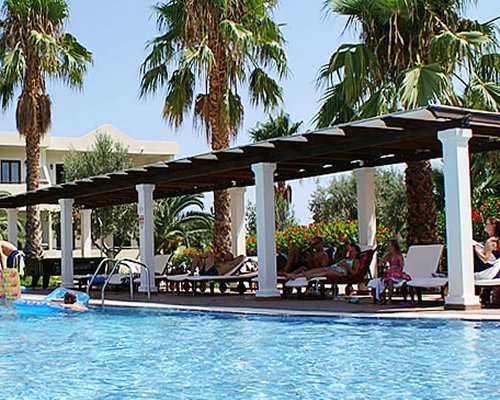 An outdoor swimming pool with chaise lounge chairs and sunshade surrounded by palm trees.