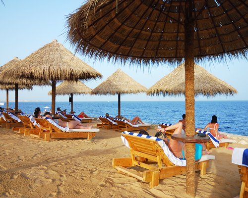 Beach view of chaise lounge chairs and thatched sunshades facing the sea.