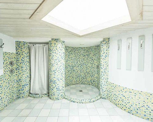 Large bathroom with shower.