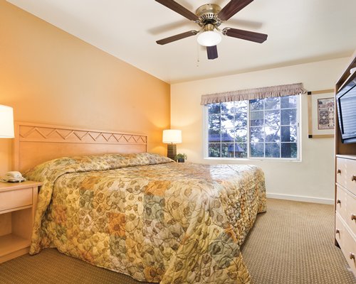 A well furnished bedroom with a television and outside view.
