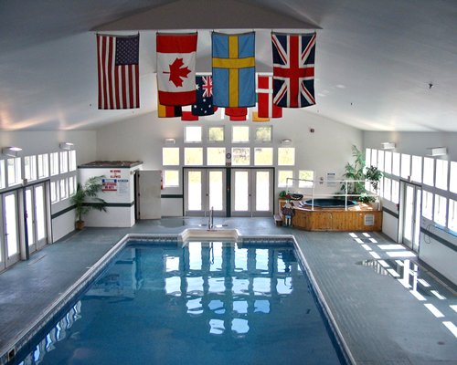 Indoor hot tub with four national flags and outside view.