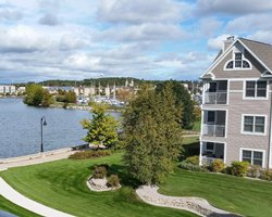 Scenic exterior view of multi story resort units.