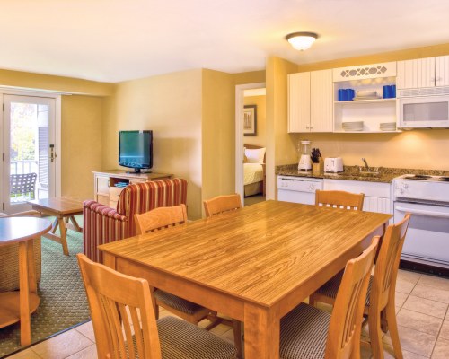AN OPEN PLAN LIVING DINING AND KITCHEN AREA WITH A TELEVISION.