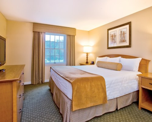 A WELL FURNISHED BEDROOM WITH A KING BED AND TELEVISION.