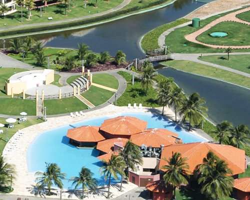 An aerial view of the Aquaville Resort properties with the water view.