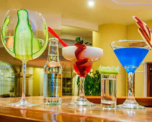 A view of cocktails on a table.
