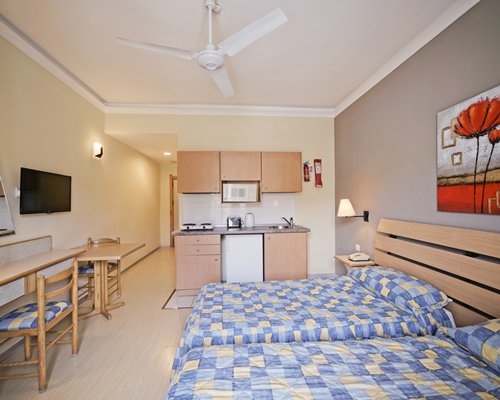 An open plan bedroom and kitchen area with a television.