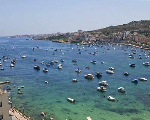 Aerial view of boats on the bay.