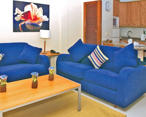 An open plan living and kitchen area with double pull out sofa.